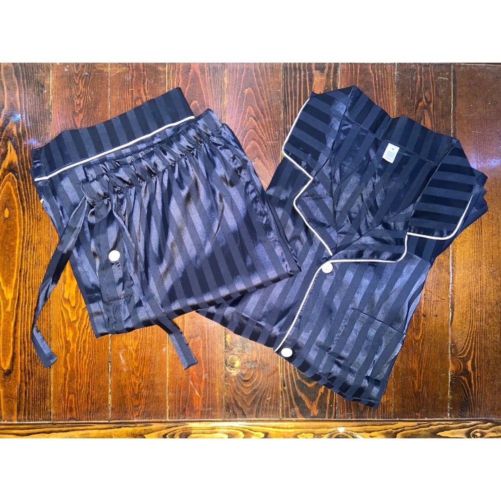 Navy Blue Striped Satin Look Pajama Set Long Sleeve Button Down Wide Leg Pants M